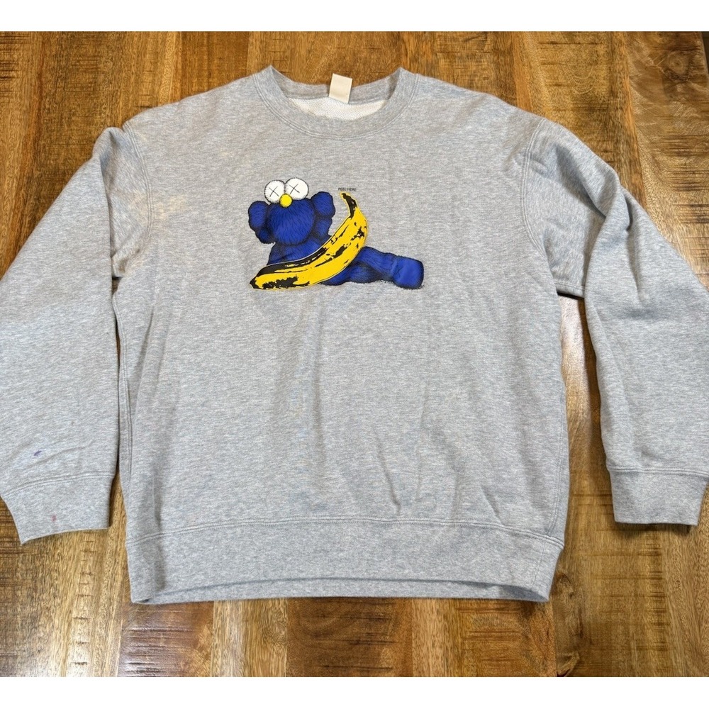 UNIQLO KAWS x Andy Warhol Sweatshirt Mens M Gray Banana BFF Graphic Flawed